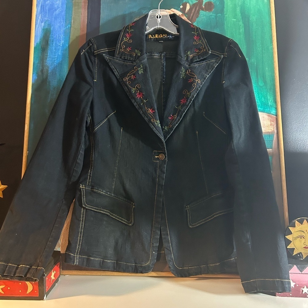 Vintage Y2K Boho Grunge Illegal Embroidered Floral Black Denim Jacket M